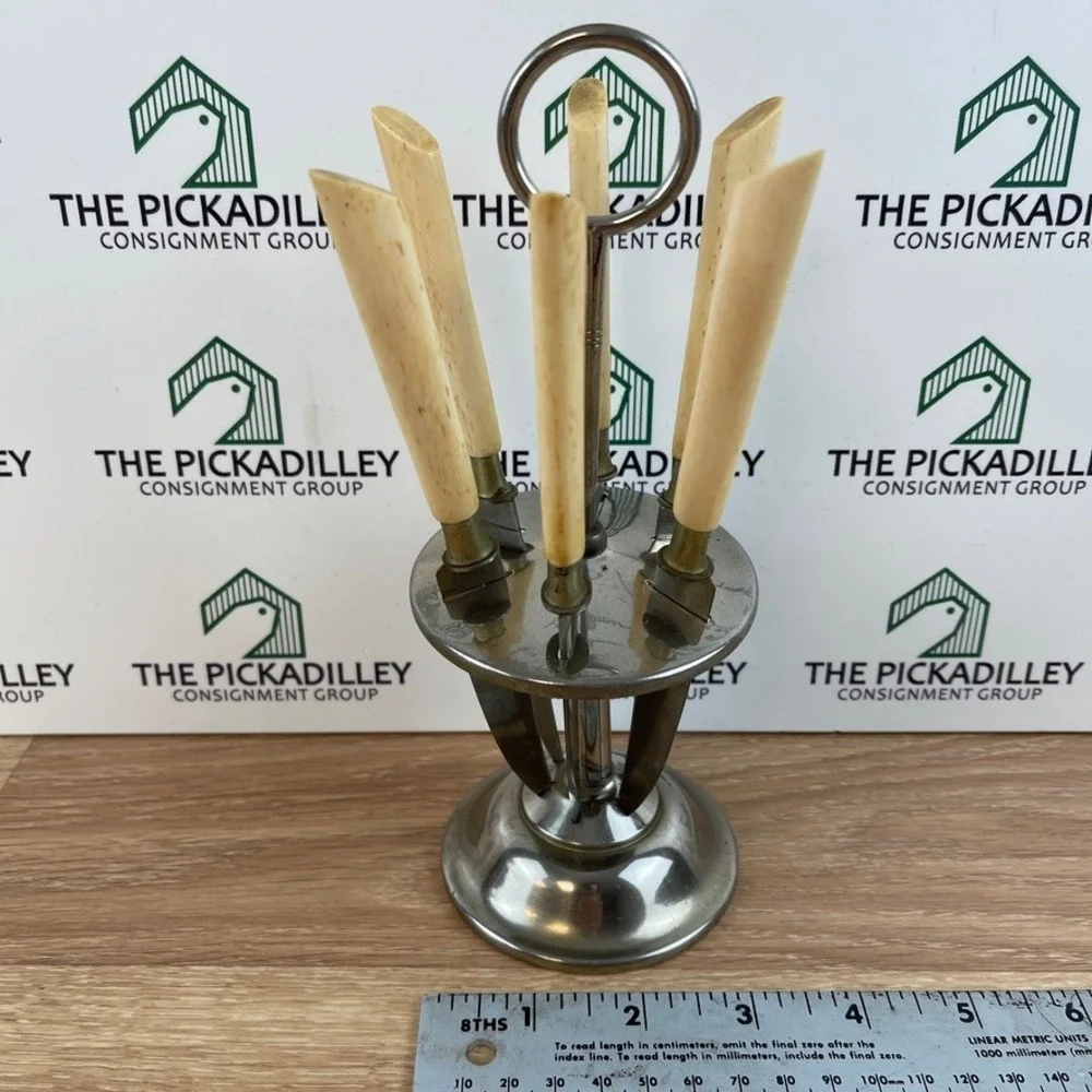Vintage Rein-Nickel 6 Piece Steak Knife Set with Stainless Carousel Stand Bone